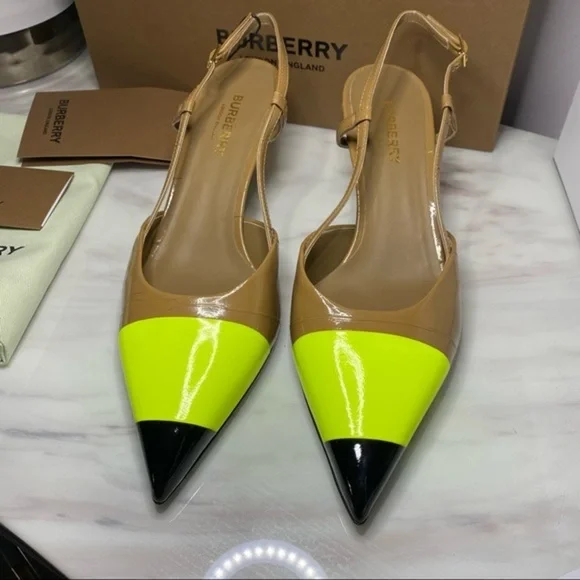 💯Auth.⭐️BURBERRY⭐️ Super Comfy!! Neon/Nude/Black Sling Back Heels NWT & OG Box! - Picture 13 of 15